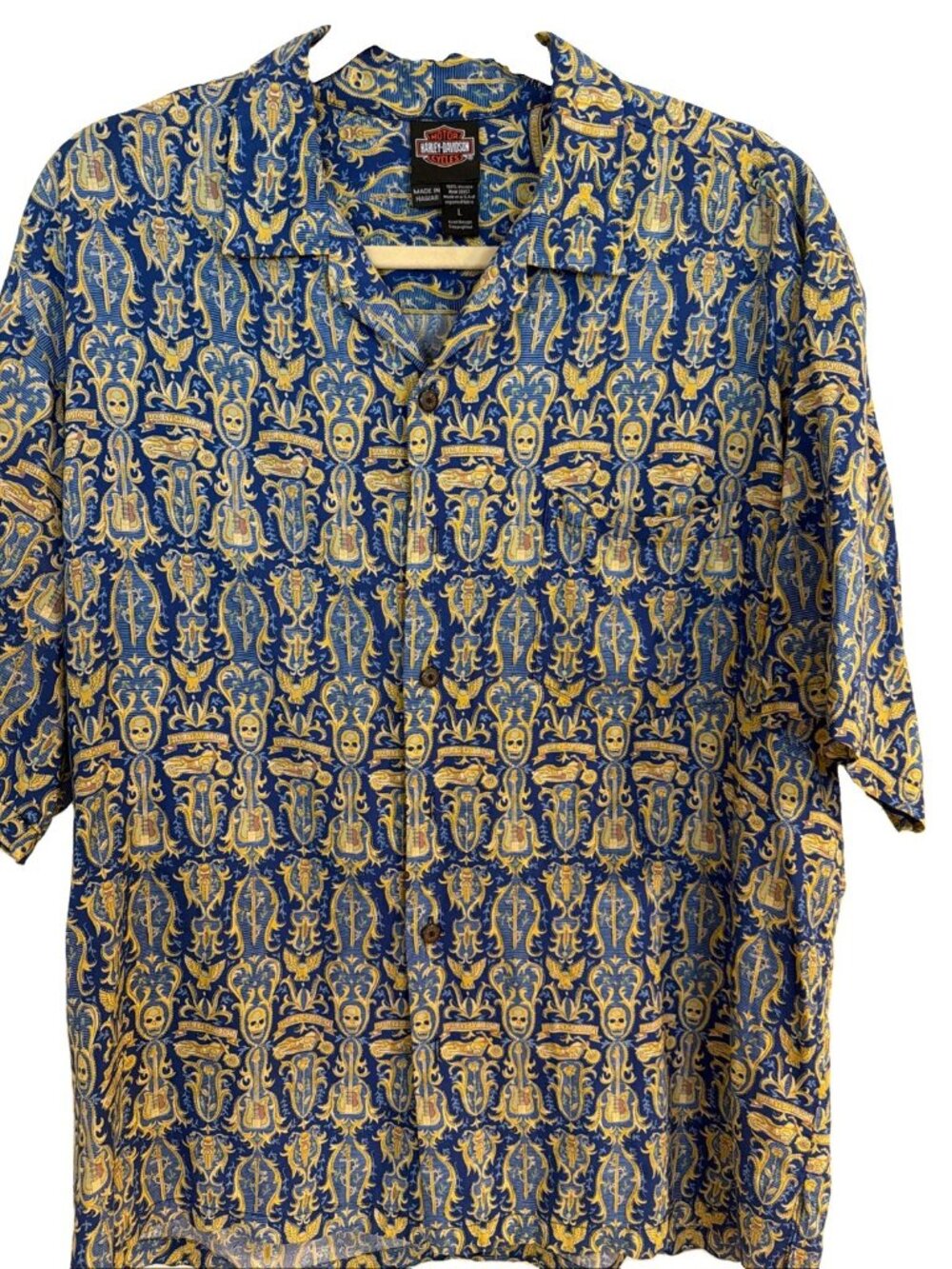 Harley Davidson Hawaiian Button Up Shirt Men's Large Skull Guitar Bike